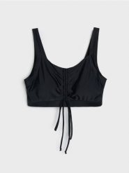 Góra od bikini z marszczeniem i regulowanym wiązaniem z przodu - czarny. Czarne bikini damskie Sinsay, xl, bez wzorów. Za 49.99 zł.