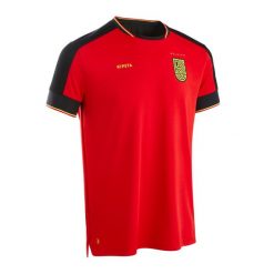 Koszulka do piłki nożnej Kipsta FF500 Belgia 2024. Czarne koszulki sportowe męskie KIPSTA, m, bez wzorów, z elastanu, bez kołnierzyka, bez ramiączek, do piłki nożnej. Za 99.99 zł.