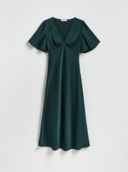 Sukienka maxi - ciemnozielony. Zielone sukienki damskie Reserved, l, bez wzorów, z tkaniny, bez kołnierzyka, bez ramiączek, maxi. Za 159.99 zł.