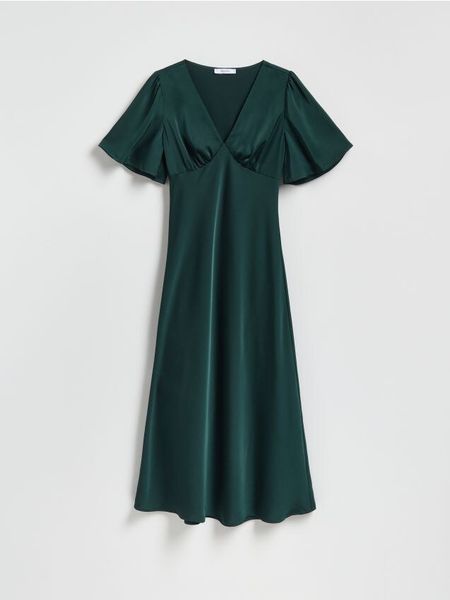 Sukienka maxi - ciemnozielony. Zielone sukienki damskie Reserved, l, bez wzorów, z tkaniny, bez kołnierzyka, bez ramiączek, maxi. Za 159.99 zł.