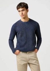 WRANGLER MĘSKA SWETER WRANGLER CREWNECK SWEATER NAVY 112364288. Niebieskie swetry przez głowę męskie Wrangler, l, bez wzorów, bez kołnierzyka. Za 179.99 zł.