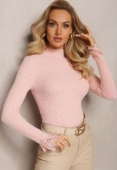 Jasnoróżowy Wełniany Golf z Elastycznej Dzianiny Starbana. Czerwone swetry damskie Renee, bez wzorów, z dzianiny, bez kołnierzyka, bez ramiączek, bez kaptura. Za 54.99 zł.