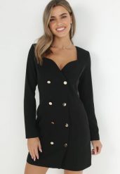 Czarna Sukienka Marynarka Taliowana z Guzikami Genzana. Czarne sukienki damskie Born2be, m, bez wzorów, eleganckie. Za 199.99 zł.