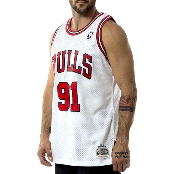 Koszulka męska do koszykówki Mitchell & Ness Chicago Bulls NBA Dennis Rodman. Białe koszulki sportowe męskie Mitchell & Ness, m, bez wzorów, bez kołnierzyka, bez ramiączek, do koszykówki. W wyprzedaży za 421.50 zł.