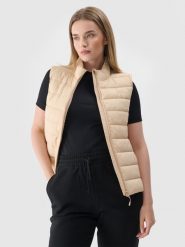4F Bezrękawnik puchowy pikowany ze stójką damski - beżowy XL. Brązowe kurtki damskie 4f, xl, bez wzorów, z dzianiny, bez kaptura. W wyprzedaży za 59.99 zł.