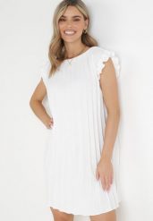 Biała Pudełkowa Sukienka Mini z Plisowanej Tkaniny z Wiskozy i Bawełny Ematisa. Białe sukienki damskie Born2be, na imprezę, l, bez wzorów, z bawełny, eleganckie, bez kołnierzyka, bez ramiączek, mini. Za 49.99 zł.