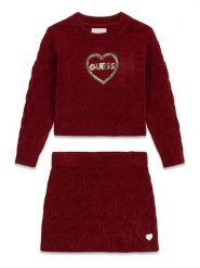 Guess Komplet sweter i spódnica K6BG03 Z1290 Czerwony ciemny Regular Fit. Czerwone swetry dla dziewczynek Guess, z aplikacjami, z syntetyku, bez kołnierzyka, bez ramiączek, bez kaptura. Za 284.99 zł.