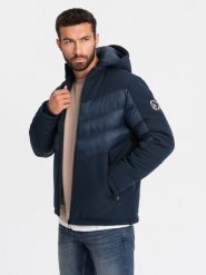 Pikowana kurtka męska z łączonych materiałów z wysokim kołnierzem – granatowa V2 - Rozmiar: XL. Niebieskie kurtki sportowe męskie Ombre Clothing, m, z aplikacjami, z gumy. W wyprzedaży za 247.49 zł.
