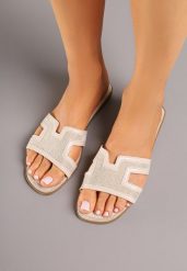 Beżowe Klapki z Geometryczną Cholewką Idanitia. Brązowe klapki damskie Born2be, bez wzorów, eleganckie, bez obcasa, na płaskiej podeszwie. Za 49.99 zł.