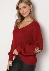 Bordowy Sweter z Wełną i Ozdobnymi Naszywkami na Łokciach Norethra. Czerwone swetry damskie Born2be, na zimę, uniwersalny, z aplikacjami, z jeansu, eleganckie, bez kołnierzyka, bez ramiączek, długie, bez kaptura. Za 129.99 zł.