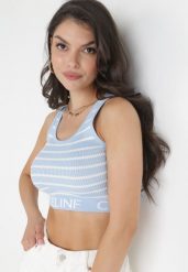 Jasnoniebieski Krótki Top w Paski Duiel. Niebieskie bluzki damskie Born2be, na lato, bez wzorów, bez kołnierzyka, bez ramiączek. Za 64.99 zł.
