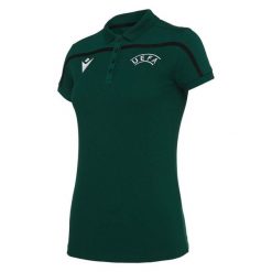 Damska koszulka polo Macron UEFA 2019. Czarne koszulki sportowe damskie Macron, xl, bez wzorów, bez kołnierzyka, bez ramiączek, do piłki nożnej. Za 177.70 zł.