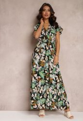 Zielono-Czarna Sukienka z Wiskozy Maxi w Kwiaty Mahiza. Zielone sukienki damskie Renee, l, bez wzorów, z tkaniny, bez kołnierzyka, bez ramiączek, maxi, kopertowe. Za 59.99 zł.