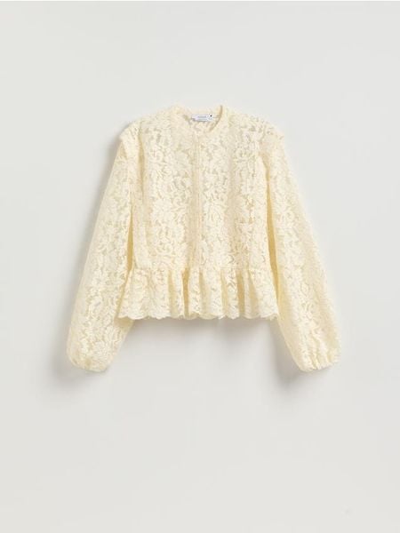 Koszula ze strukturalnej tkaniny - złamana biel. Koszule damskie Reserved, l, bez wzorów, z bawełny, bez kołnierzyka, bez ramiączek. Za 199.99 zł.