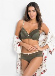 "Biustonosz usztywniany na fiszbinach + figi ""panty"" (2 części)". Zielone biustonosze bonprix, bez wzorów, z materiału. Za 79.99 zł.