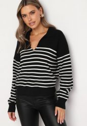 Czarny Sweter w Paski z Wycięciem Kołnierzykiem Irilanesi. Czarne swetry damskie Born2be, na zimę, bez wzorów, bez kołnierzyka, bez ramiączek, bez kaptura. Za 64.99 zł.