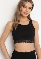 Czarny Bawełniany Top na Ramiączkach z Ozdobną Koronką Builda. Czarne bluzki damskie Born2be, m, bez wzorów, z bawełny, eleganckie, bez kołnierzyka, bez ramiączek. Za 19.99 zł.