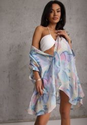 Niebieska Nietoperzowa Koszula z Bawełną o Fasonie Oversize Celista. Niebieskie bluzki damskie Renee, bez wzorów, z bawełny, eleganckie, bez kołnierzyka, bez ramiączek. Za 99.99 zł.