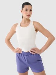 4F Crop-top treningowy szybkoschnący damski - biały S. Białe koszulki sportowe damskie 4f, s, bez wzorów, z dzianiny, bez kołnierzyka, bez ramiączek, na fitness i siłownię. W wyprzedaży za 79.99 zł.
