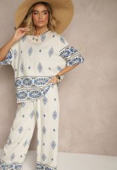 Beżowo-Niebieski Komplet z Wiskozy w Etniczny Wzór Szerokie Spodnie i T-shirt Sarivianne. Niebieskie spodnie materiałowe damskie Renee, l, bez wzorów, z wiskozy. Za 74.99 zł.