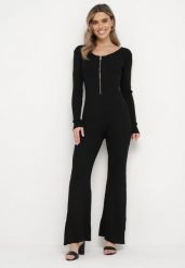 Czarny Wiskozowy Kombinezon Bodycon z Prążkowaniem i Suwakiem Alnorema. Czarne sukienki damskie Born2be, bez wzorów, prążkowane, eleganckie, bez kołnierzyka, bez ramiączek, bodycon. Za 69.99 zł.