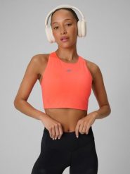 4F Crop top do biegania szybkoschnący damski - pomarańczowy S. Czerwone koszulki sportowe damskie 4f, l, bez wzorów, bez kołnierzyka. Za 129.99 zł.