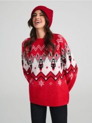 Sweter z motywem świątecznym - czerwony. Czerwone swetry damskie Sinsay, l, bez wzorów, wizytowe, bez kołnierzyka, bez ramiączek, bez kaptura. Za 59.99 zł.
