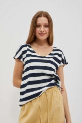 T-shirt w paski z dekoltem w serek i krótkimi rękawami granatowy. Niebieskie bluzki damskie MOODO, xs, bez wzorów, z bawełny, bez kołnierzyka. W wyprzedaży za 29.99 zł.