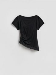 T-shirt z koronką - czarny. Czarne t-shirty damskie Reserved, l, bez wzorów, z bawełny, bez kołnierzyka. Za 89.99 zł.