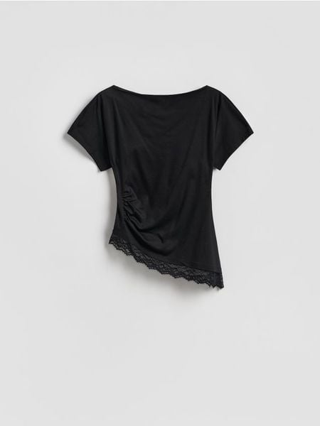 T-shirt z koronką - czarny. Czarne t-shirty damskie Reserved, l, bez wzorów, z bawełny, bez kołnierzyka. Za 89.99 zł.