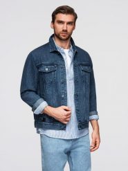 Jeansowa kurtka męska katana z washem – niebieska V4. Niebieskie kurtki męskie Ombre Clothing, m, bez wzorów, z bawełny, casualowe, bez kaptura. Za 339.99 zł.