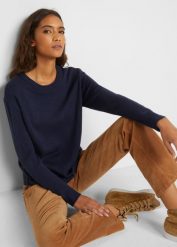 Sweter dzianinowy z okrągłym dekoltem. Czarne swetry damskie bonprix, bez wzorów, z dzianiny, bez kołnierzyka, bez ramiączek, bez kaptura. Za 59.99 zł.