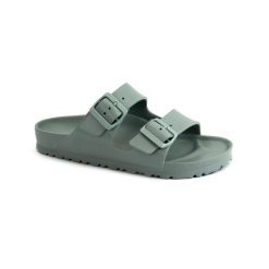 Klapki damskie Birkenstock Arizona Eva Pure Sage. Zielone klapki damskie Birkenstock, bez wzorów, z materiału, bez obcasa. Za 452.00 zł.