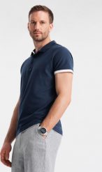 Ombre Bawełniana męska koszulka polo z kontrastowymi wykończeniami granatowa V4 OM-POSS-0113 S. Koszulki polo męskie Ombre, m, bez wzorów, z bawełny, bez ramiączek. Za 89.99 zł.