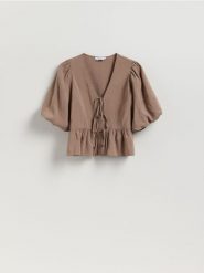 Bluzka z modalem - beżowy. Brązowe bluzki damskie Reserved, l, bez wzorów, z tkaniny, bez kołnierzyka, bez ramiączek. Za 119.99 zł.