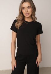 Czarny Gładki T-shirt w Klasycznym Stylu Salodone. Czarne bluzki damskie Born2be, m, bez wzorów, z jeansu, klasyczne, bez kołnierzyka. Za 39.99 zł.