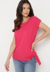 Różowy Bawełniany T-shirt z Wiązaniem Falmio. Czerwone bluzki damskie Born2be, m, bez wzorów, z bawełny, eleganckie, bez kołnierzyka. Za 29.99 zł.