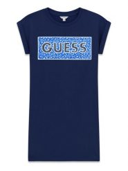 Guess Sukienka codzienna J6GK05 KAE24 Granatowy Regular Fit. Niebieskie sukienki dla dziewczynek Guess, z aplikacjami, z bawełny, bez ramiączek. Za 179.99 zł.