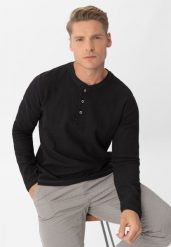Czarny longsleeve L-AZUX. Czarne bluzki z długim rękawem męskie Volcano, l, bez wzorów, z bawełny, klasyczne, bez kołnierzyka. Za 109.99 zł.