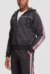 GUESS Czarna rozpinana męska bluza w monogram z lampasami i kapturem Parimo 4G, Rozmiar XXL. Czarne bluzy sportowe męskie Guess, m, z aplikacjami, z dresówki. W wyprzedaży za 339.99 zł.