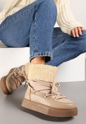 Ciemnobeżowe Śniegowce Futerkowe na Platformie ze Sznurowaną Cholewką Izalithia. Brązowe śniegowce i trapery damskie Renee, z futra. Za 99.99 zł.