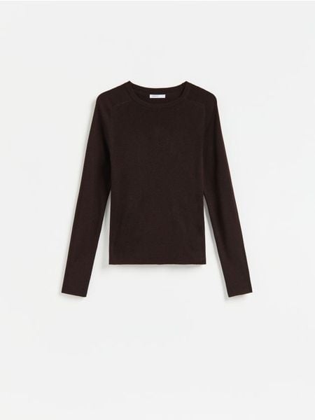 Gładki sweter - ciemnobrązowy. Brązowe swetry damskie Reserved, l, bez wzorów, z dzianiny, bez kołnierzyka, bez ramiączek, bez kaptura. Za 89.99 zł.