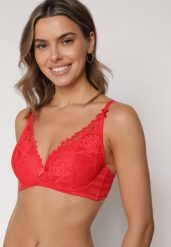 Czerwony Koronkowy Biustonosz z Ozdobnymi Kokardkami na Ramiączkach Aeleolopei. Czerwone biustonosze Born2be, z aplikacjami, z koronki. Za 34.99 zł.