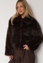 Brązowa Krótka Kurtka Futerko z Kołnierzem Anantia. Brązowe kurtki damskie Born2be, m, bez wzorów, z dzianiny, bez kaptura. Za 219.99 zł.