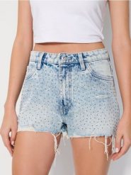 Szorty jeansowe high waist z cyrkoniami - niebieski. Niebieskie szorty damskie Sinsay, l, bez wzorów, z jeansu, boho, z podwyższonym stanem. W wyprzedaży za 45.99 zł.
