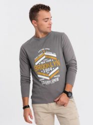 Longsleeve męski z nadrukiem w stylu collegowym - szary V1 OM-LSPT-0117 - XL. Szare bluzki z długim rękawem męskie Ombre Clothing, l, bez wzorów, z bawełny, bez kołnierzyka. W wyprzedaży za 39.99 zł.