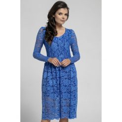 Długa sukienka z koronki na313. Niebieskie sukienki damskie Pepe, na jesień, w koronkowe wzory, z koronki, eleganckie, z długim rękawem. Za 169.00 zł.