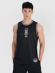 4F Tank top do koszykówki oversize szybkoschnący męski - czarny M. Czarne koszulki sportowe męskie 4f, l, w ażurowe wzory, z dzianiny, bez kołnierzyka, bez ramiączek, do koszykówki. W wyprzedaży za 69.99 zł.