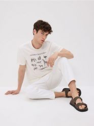 T-shirt regular z nadrukiem - złamana biel. T-shirty męskie Reserved, l, bez wzorów, z bawełny, bez kołnierzyka. W wyprzedaży za 45.99 zł.