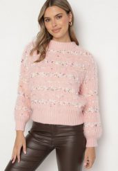 Różowy Sweter z Wiskozą i Bawełną z Kolorową Nicią Raithra. Czerwone swetry damskie Born2be, uniwersalny, z aplikacjami, z bawełny, eleganckie, bez kołnierzyka, bez ramiączek, bez kaptura. Za 89.99 zł.